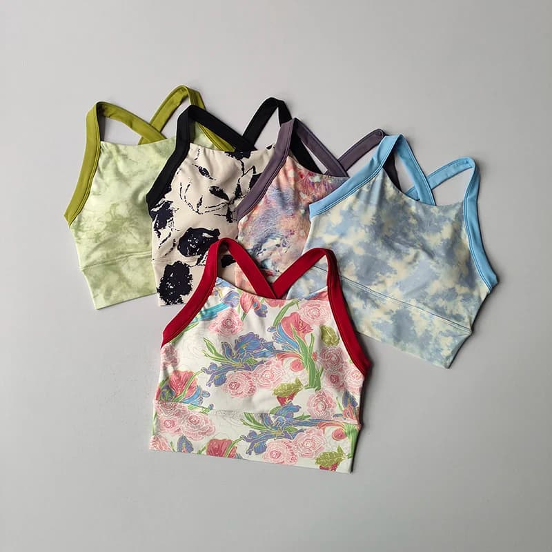 New High-end Yoga Lingerie Women's One-piece Fixed Cup Shock-proof Underwear Gathering Sexy Printed Wide Shoulder Strap Bra