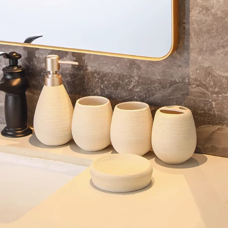 Ceramic Bathroom Supplies, Lotion Bottle, Toothbrush Holder, Soap Dish, Melamine Tray, Mouthwash Cup/bathroom Accessories Set