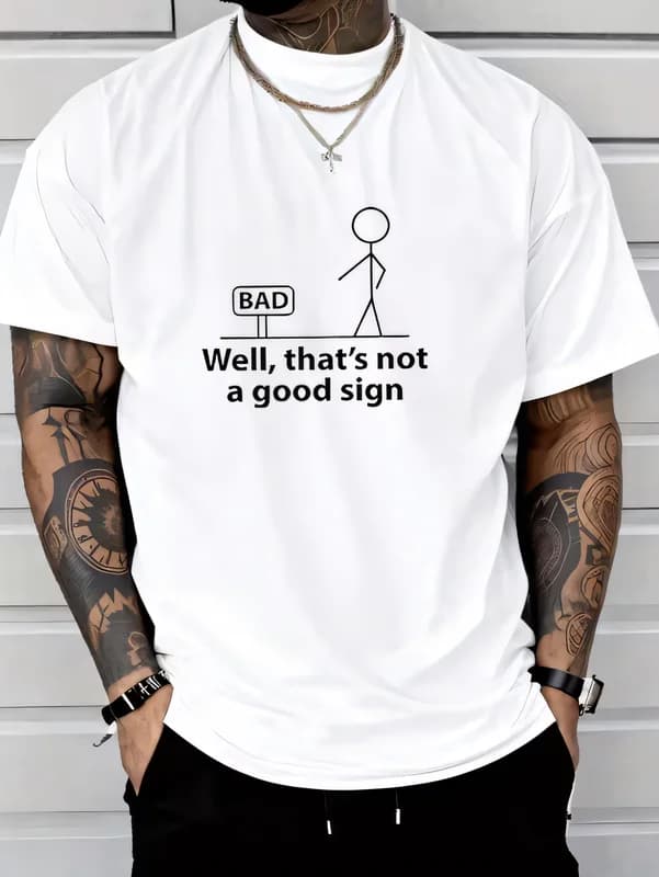 Funny Stick Figure "BAD" Sign Graphic Print Short Sleeve T-Shirt Men's Casual Crew Neck Cotton Summer Streetwear Tee Top
