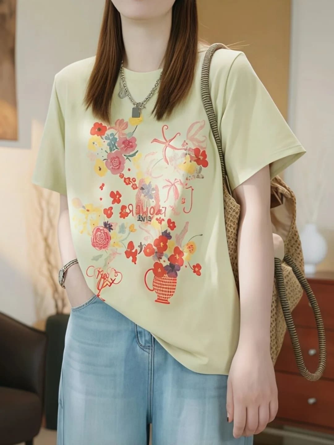 Loose Fit Graffiti Print Cotton Short Sleeve Women's T-Shirt Summer New Style plus Size Fashionable Age-Defying Top