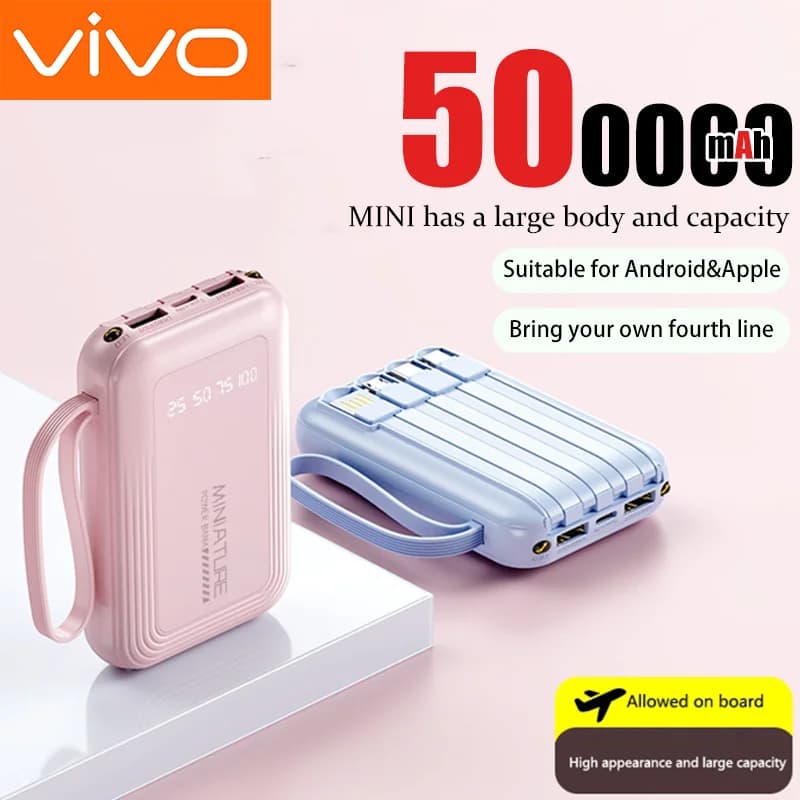 VIVO 500000mAh Mini Power Bank Super Fast Charging Built in 4 Cables Digital Display Powerbank for iPhone Samsung Huawei