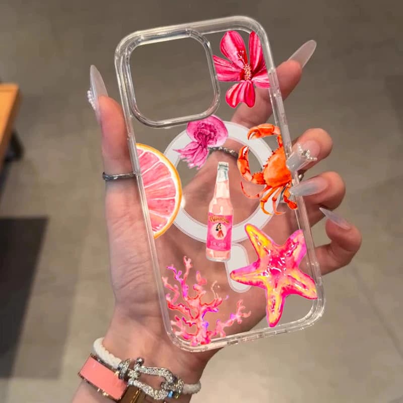 Illustrazione floreale marino Conchiglie Romantico trasparente per cover magnetica per iPhone 16 Pro Max 17 15 14 13 12 11 Plus Cover TPU