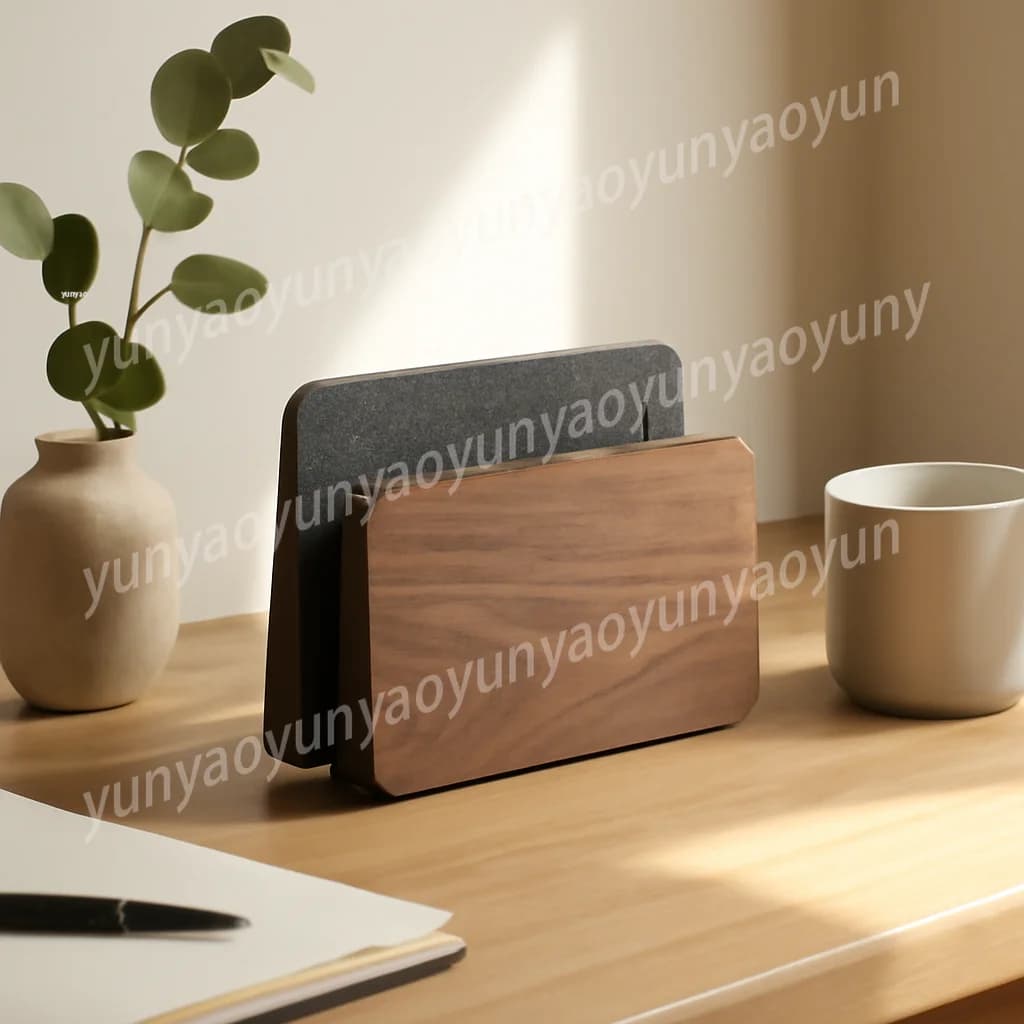 Supporto Verticale Antiscivolo in Noce per Laptop, Salvaspazio, Porta Dispositivi per Notebook, Tablet e Telefono