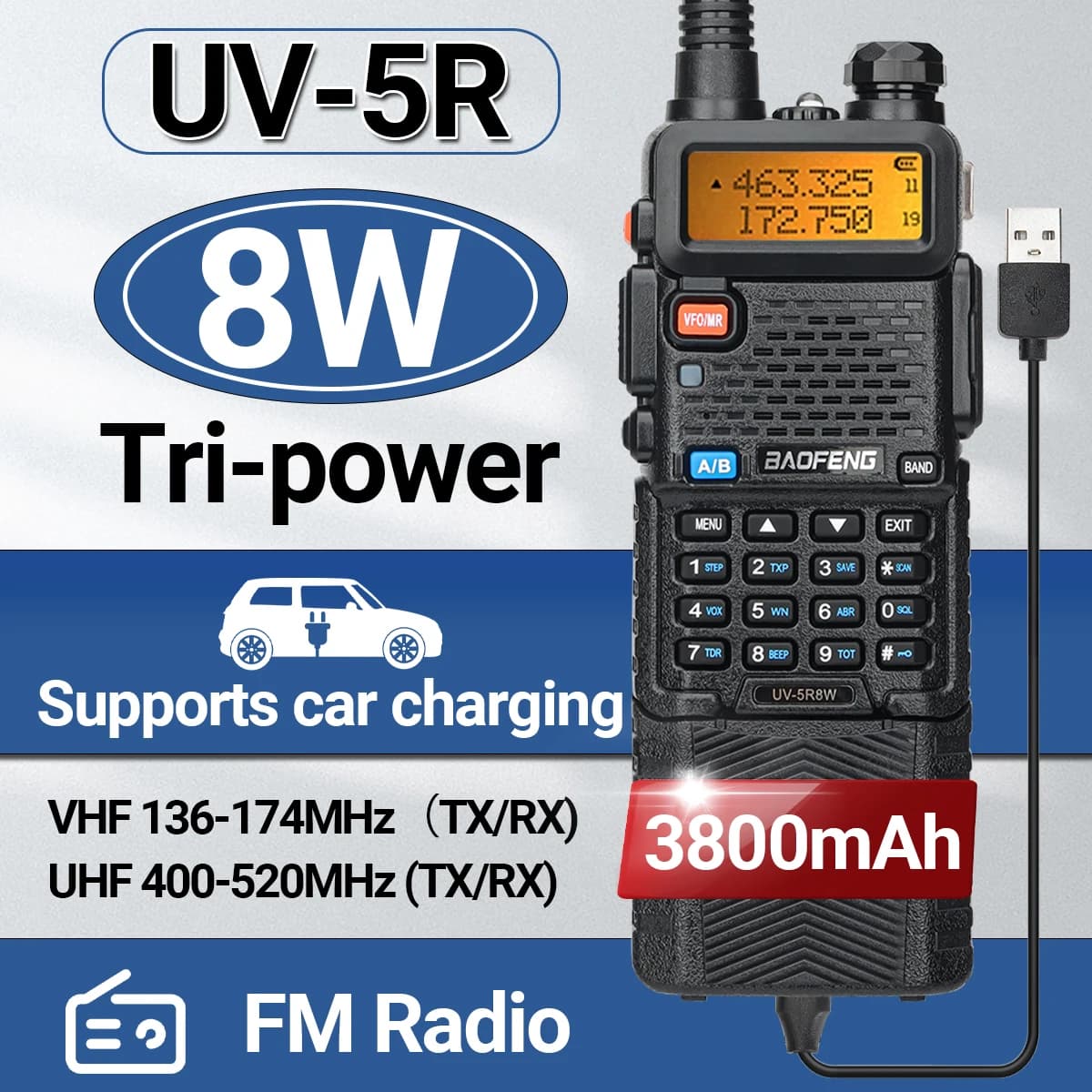 Baofeng UV-5R 8W Walkie Talkie a lungo raggio 3800mAh Tipo-c Ham Comunicazione amatoriale Radio bidirezionale per campeggio per adulti
