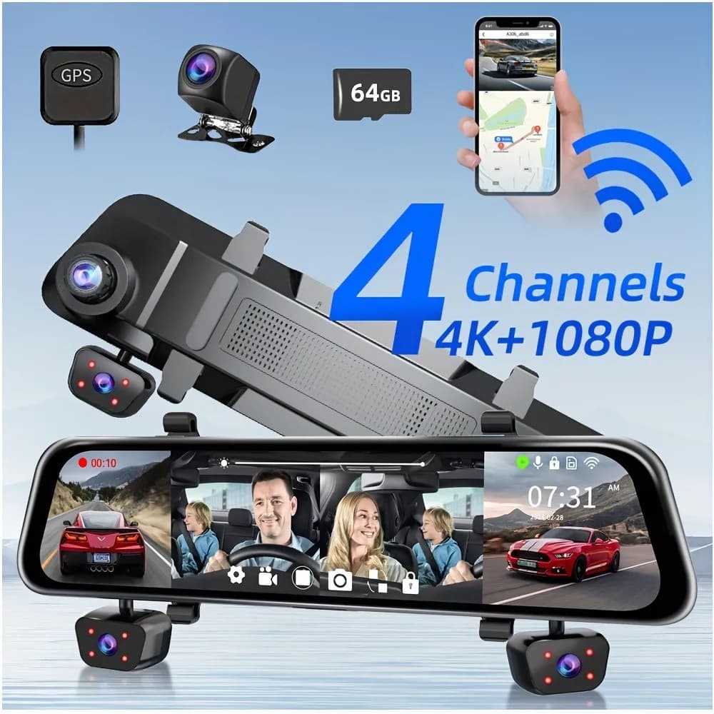 11.66-inch Smart Rearview Mirror Dash Cam with Touchscreen, Wi-Fi & GPS — 4K Front + 1080P Surround Recording (Front/Back/Left/Right), 360° View Support, Night Vision, G-Sensor, Loop Recording, Built-in Microphone & Speaker