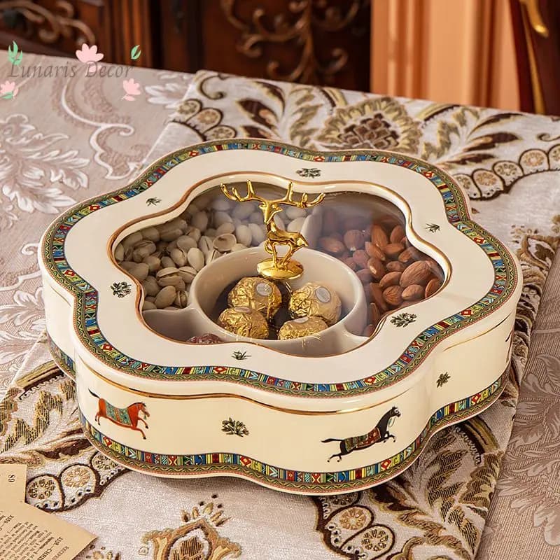Fruit plate set, living room ceramic dried fruit box, grid with lid, Chinese New Year wedding nut candy plate
