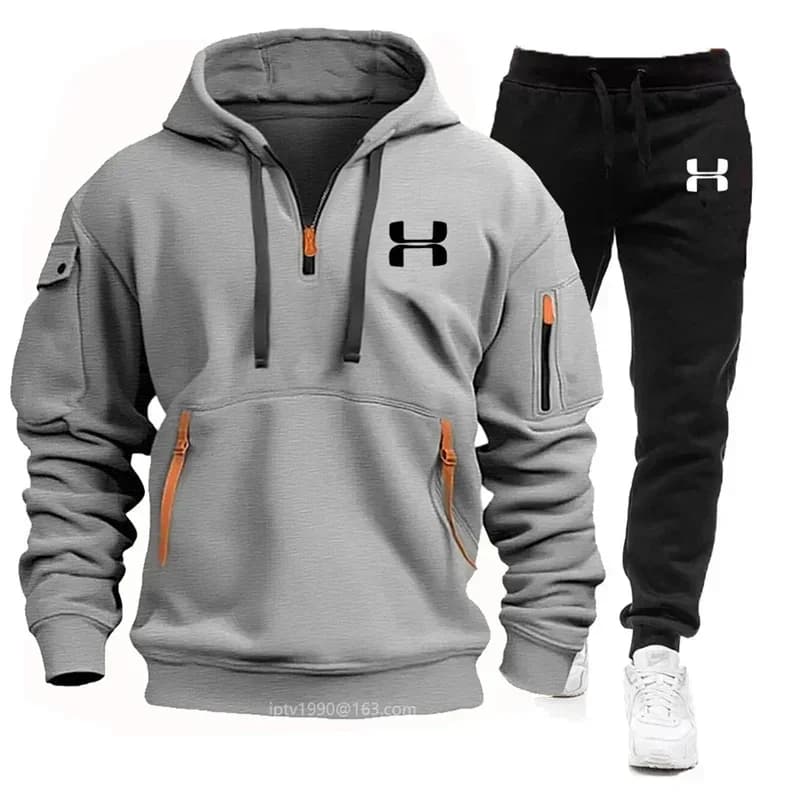 Nuova Tuta Sportiva da Uomo Autunno-Inverno con Felpa Multitasca con Zip a Maniche Lunghe e Pantaloni Sportivi e Casual, Completo Fitness per Jogging