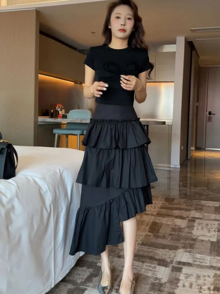 Gonna Midi Asimmetrica a Vita Alta Stile Coreano per Donna, Blusa Nera in Cotone con Orlo in Pizzo, Lunghezza Media, Nuova Collezione Moda 2026