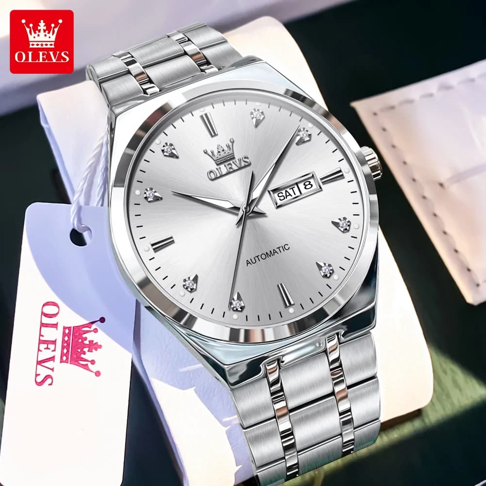 OLEVS 9811 Men's Stainless Steel Mechanical Watches Light Waterproof Double Calendar Simple Men's Watch Luxury Brand