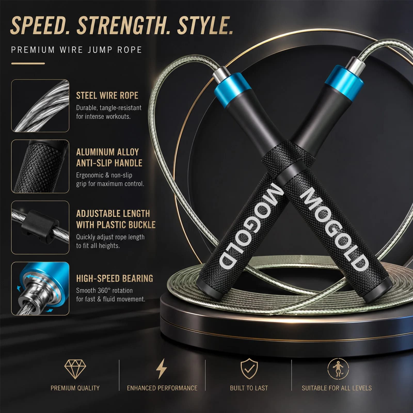 MOGOLD Professional jumping rope with metal handles, high speed bearings and zero locking, 3.0 mm racing cable