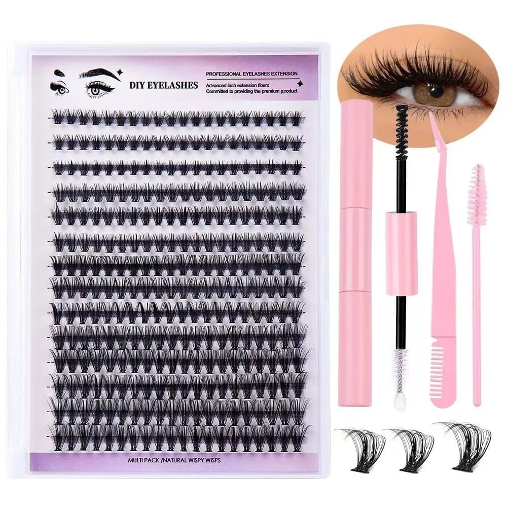 8-12mm Faux Eyelashes Kit with Wall decal and Sealant, Individual Fa-da-Te Eyelashes with Brush, Extension Chicks