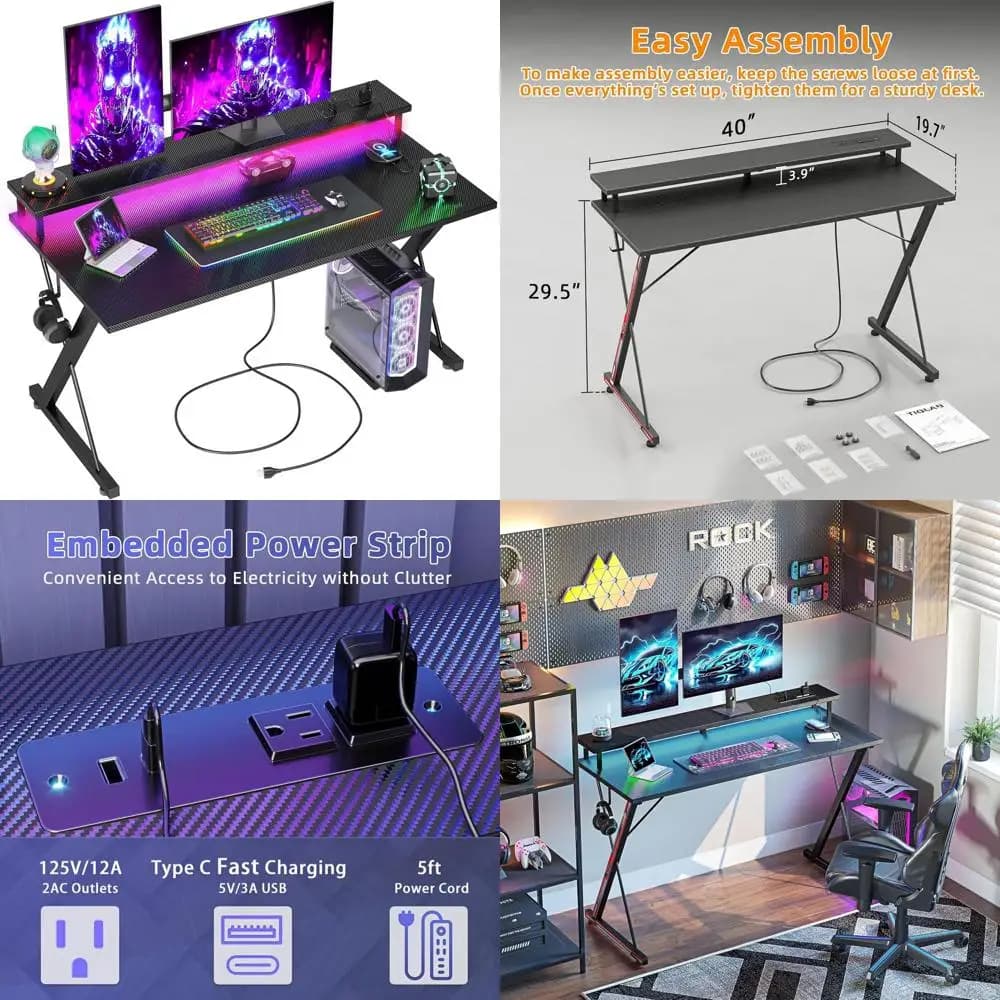 40 Scrivania da gioco in fibra di carbonio con LED, prese di corrente, design ergonomico, supporto per monitor e gancio per cuffie per la configurazione di giochi per PC