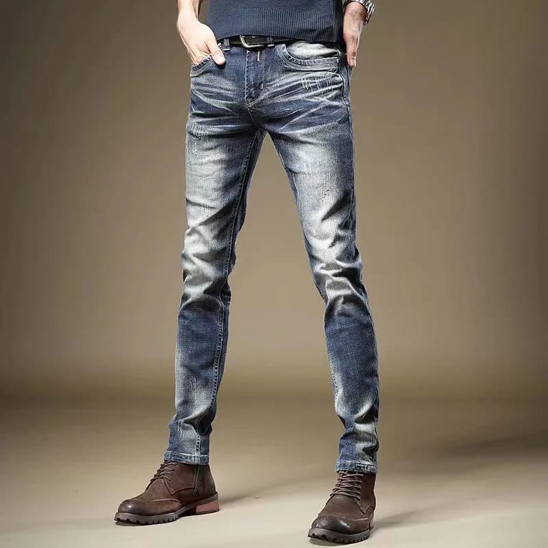 High-End Vintage Washed Denim Jeans Men's Trendy Slim Fit Elastic Casual Pants Japanese Style Retro Long Trousers