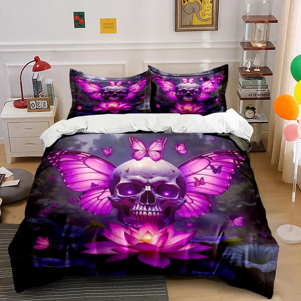 Set di decorazioni artistiche con farfalle e teschi, set di biancheria da letto con 1 copripiumino e 2 federe, singolo, matrimoniale, king size, queen size, idea regalo