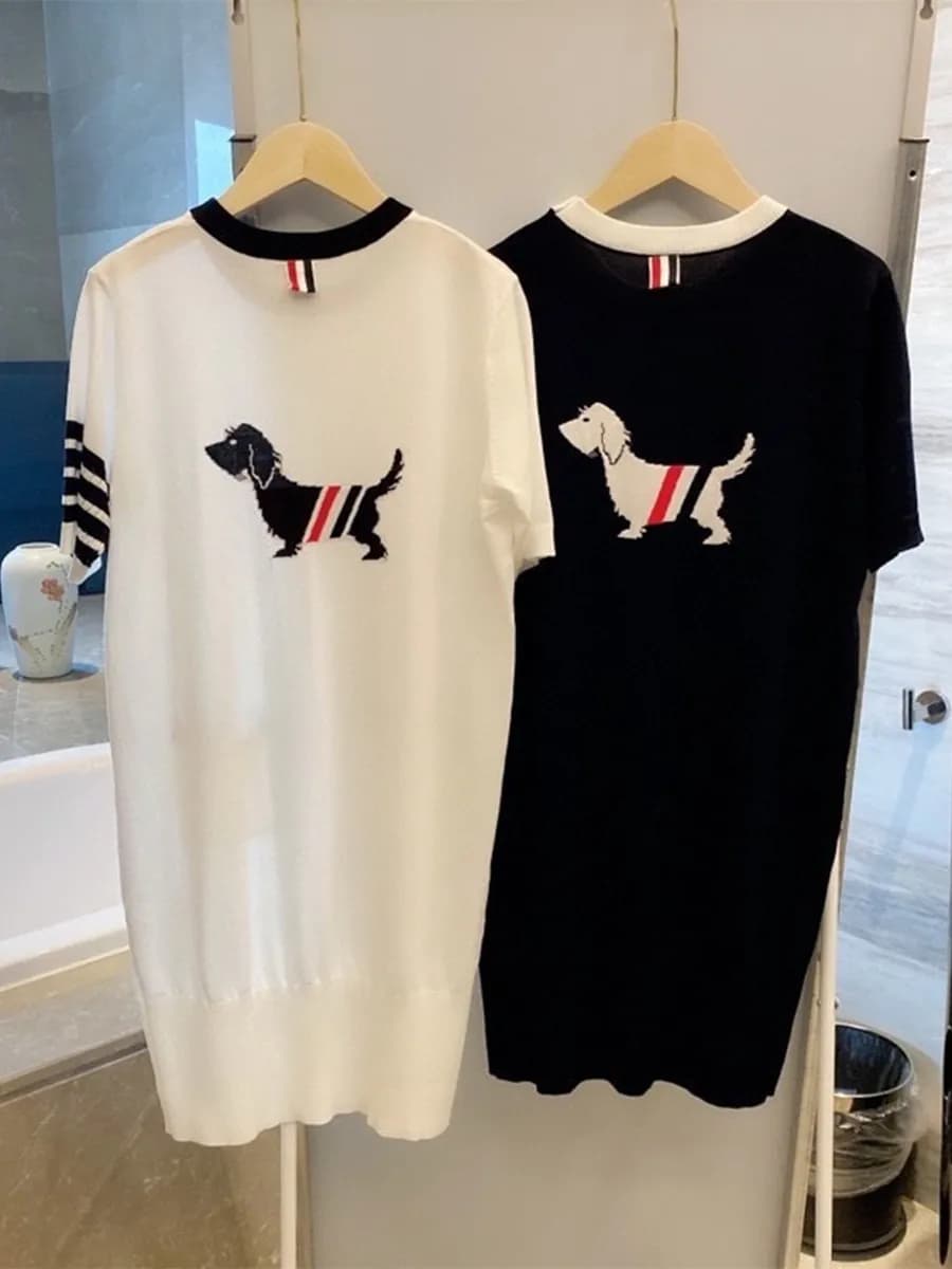 Abito T-shirt Thombraden in seta ghiaccio, casual estivo a maniche corte, in maglia da donna, con stampa cartoon, girocollo, gonna a trapezio