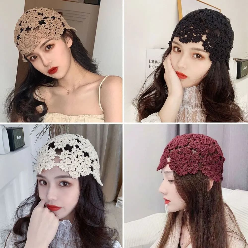 Breathable Hollowed Out Knitted Hat Casual Summer Skullies Hat Flowers Fashion Sun Visor Women