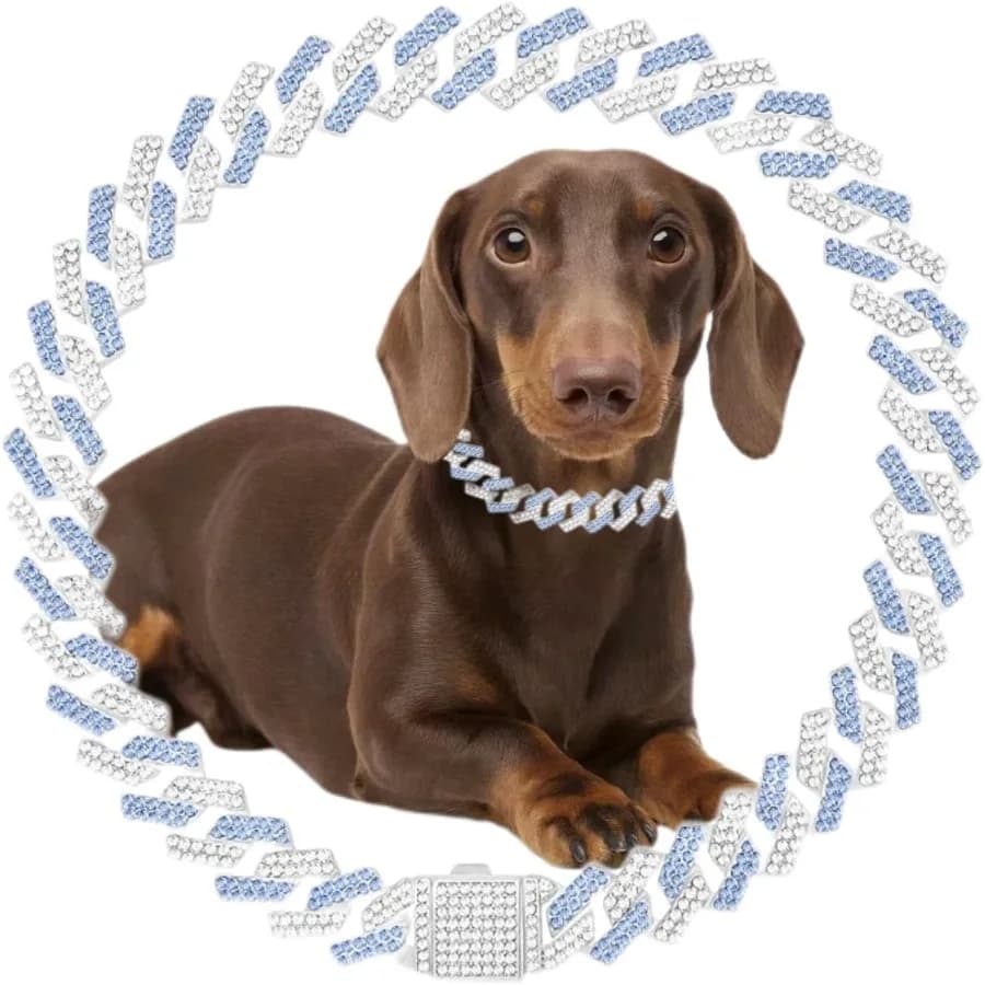 Collare a catena per cani blu con strass glitterati Collane per gatti in metallo con diamanti Collare per cuccioli a maglia cubana Gioielli per animali domestici per XXS XS Piccolo