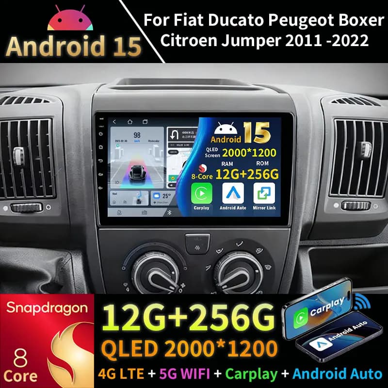 Android 15 Autoradio Per Fiat Ducato Peugeot Boxer Citroen Jumper 2006 -2022 Wireless Carplay Android Auto multimediale 4G LTE DSP