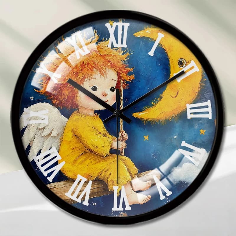 The Moon The Angel Cartoon Silent round wall clock for hanging, suitable for living room, school, study room, bedroom, children's gifts