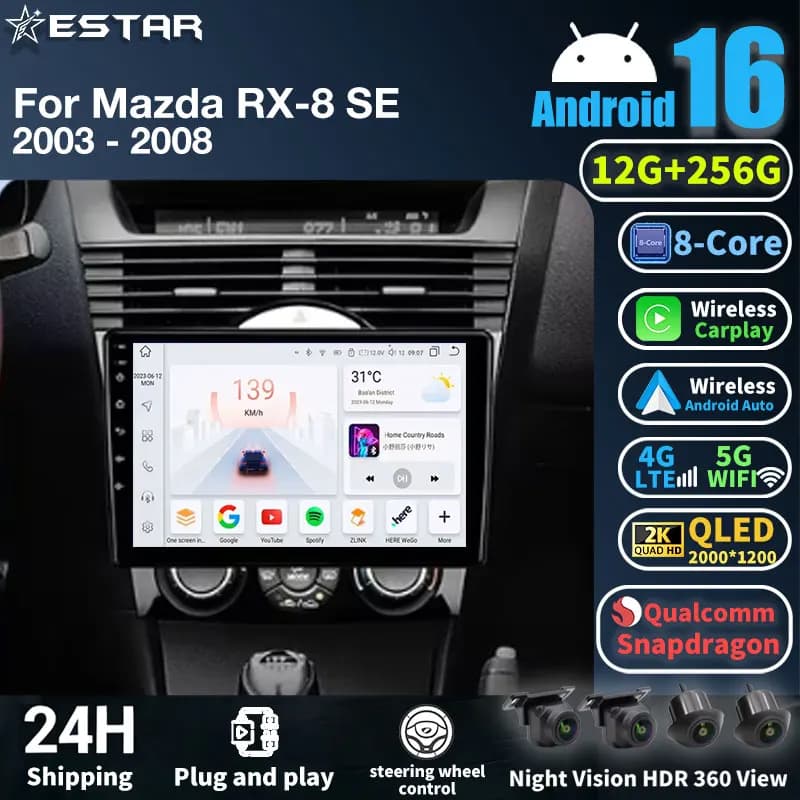 Autoradio Android 16 for Mazda RX-8 RX 8 RX8 SE 2003 - 2018 2019 2020 2021, Multimedia Reader, GPS Navigation, Carplay, Dash Cam, DVD