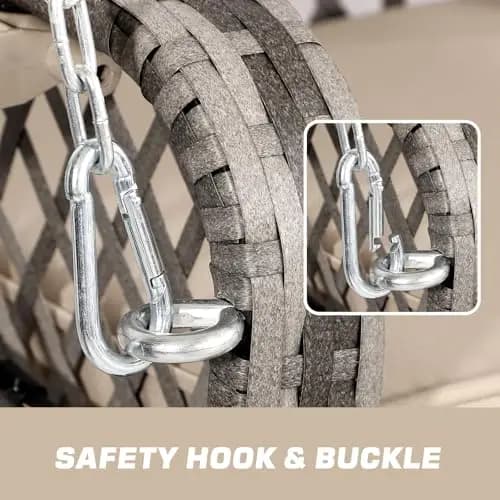 Three-Person Outdoor Woven Rattan Hanging Swing With Gray Frame, Khaki Cushion Set, Pillows And Safety Hook Buckle System