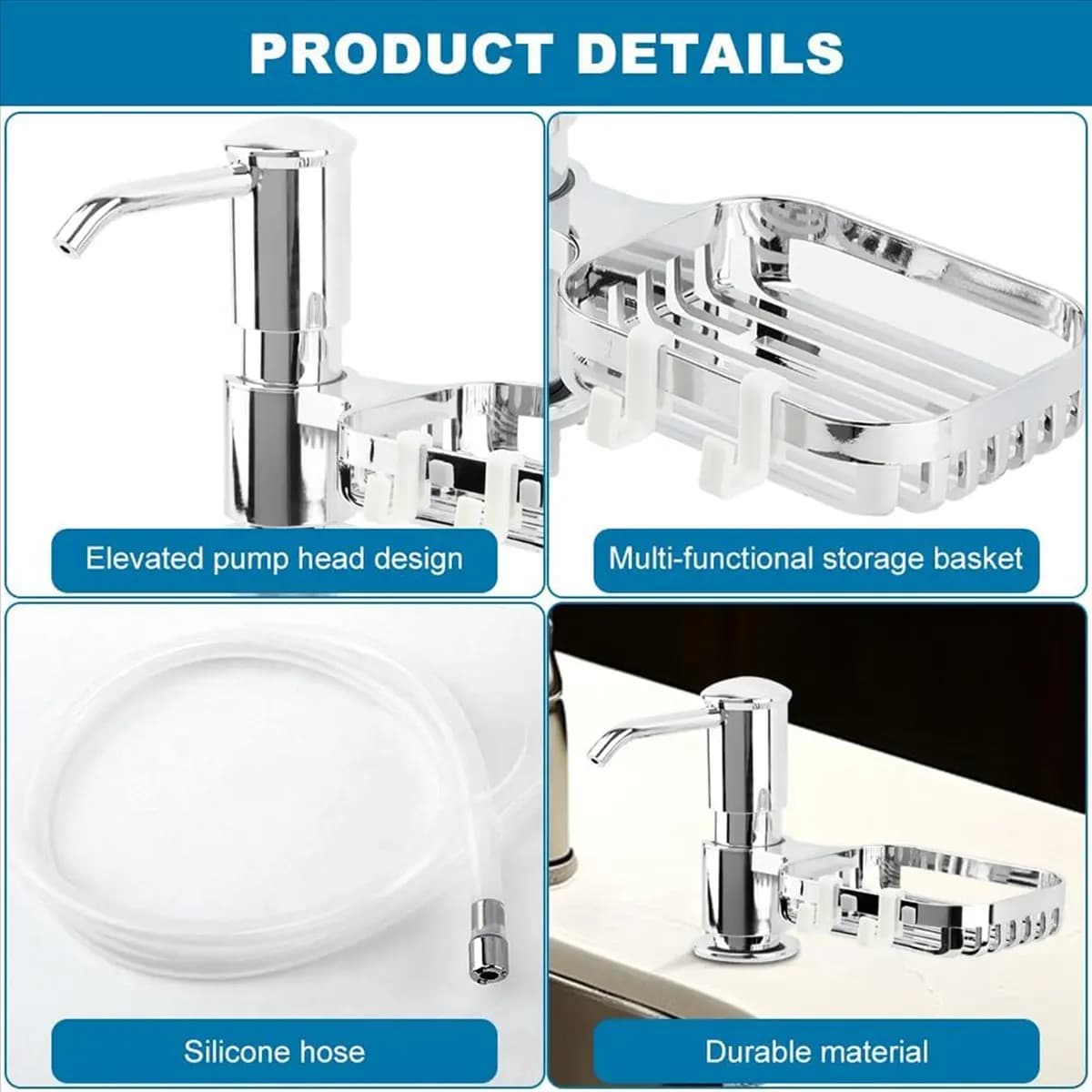 A08I Soap Dispenser for Kitchen Sink,Built in Soap Dispenser Pump with Sponge Holder & Extension Tube Kit for Under Counter,A