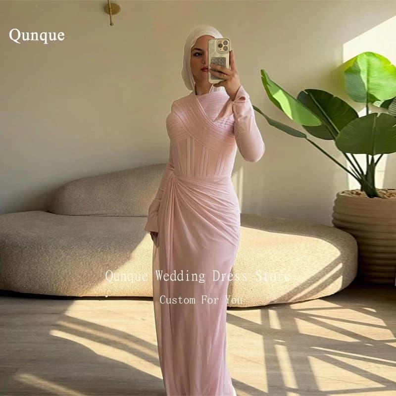 Qunque Women's Fashion Muslim Dresses Long Sleeves Party Dresses Folded Criss Cross Chiffon Robes De Soirée Custom