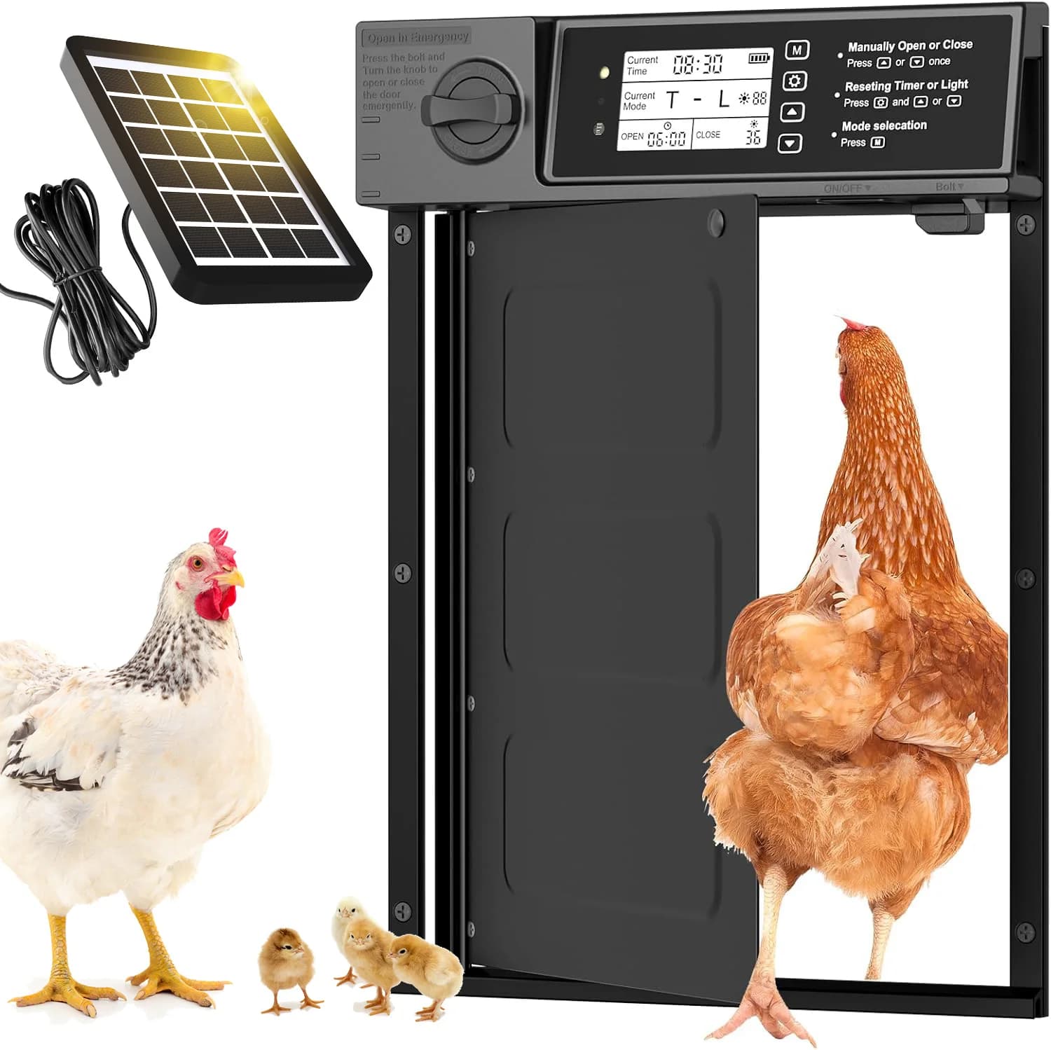 Automatic Chicken Coop Door Solar Powered, Pivot Chicken Door with Timer & Light Sensor, Anti-Pinch Automatic Chicken Door