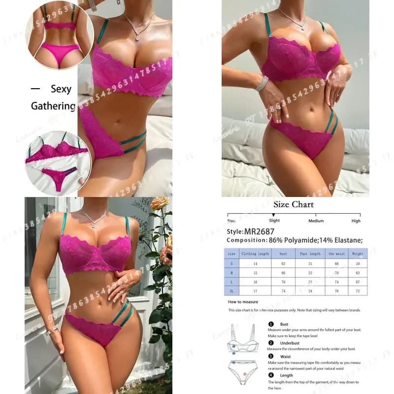 Women Sexy Lace Bra and Panty Set Rose Red Floral Transparent 3/4 Cup Push Up Lingerie Underwear Set MR2687