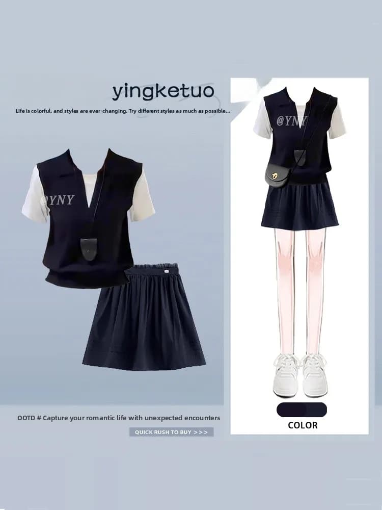 Fashionable Slimming A-Line Short Skirt And T-Shirt Set Women's Summer Outfit College Style Two-Piece Ensemble Casual Wear