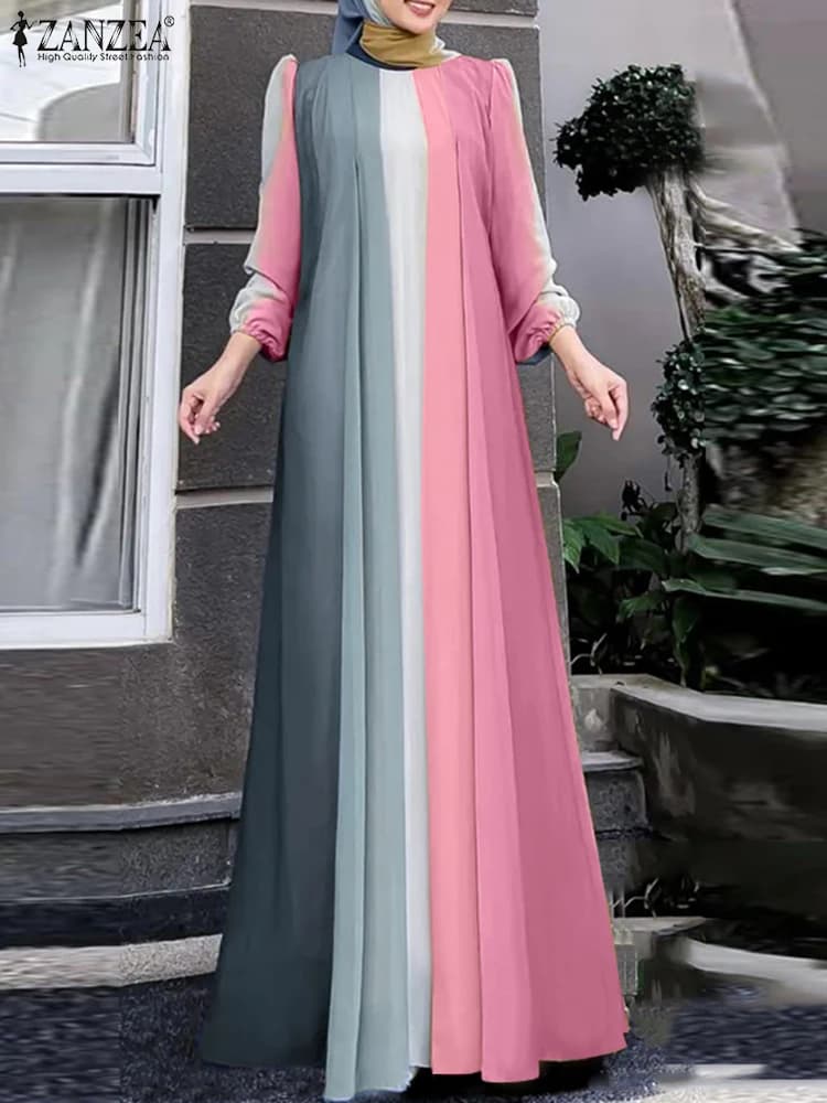 ZANZEA Donne Eleganti Manica Lunga Colore a Contrasto Abito Maxi Abito Musulmano Abaya Abiti Hijab Abiti A Pieghe Eid Mubarek Vestito Estivo
