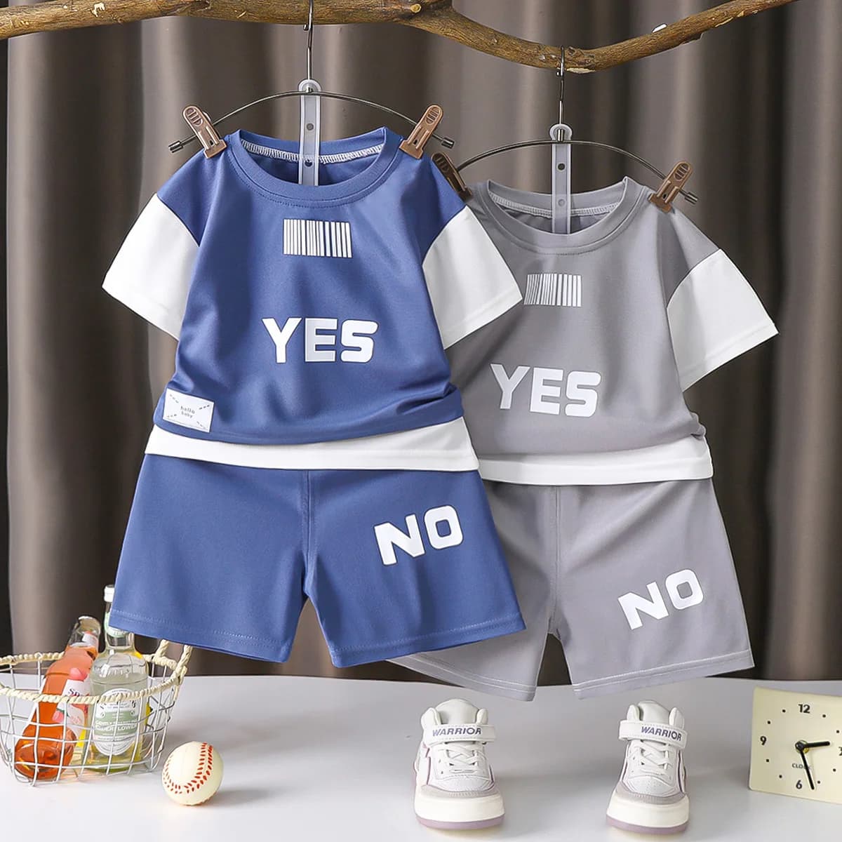Boys' Clothes Summer Girls' Suit Loungewear Baby Breathable and Comfortable Two-Piece Set Color Matching Short-Sleeved Shorts