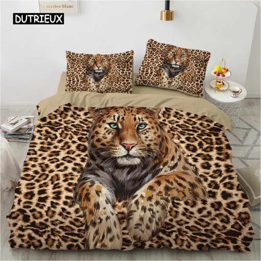Set di Biancheria da Letto di Lusso con Stampa Leopardata, Copripiumino Queen King Double, Coperta Confortevole, Set Letto Tema Animali Selvatici