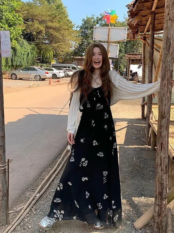plus Size Women's Summer New High Waist Long Dress Black Floral Print Belted Tea Break Casual Fashion Korean Style A-Line Skirt