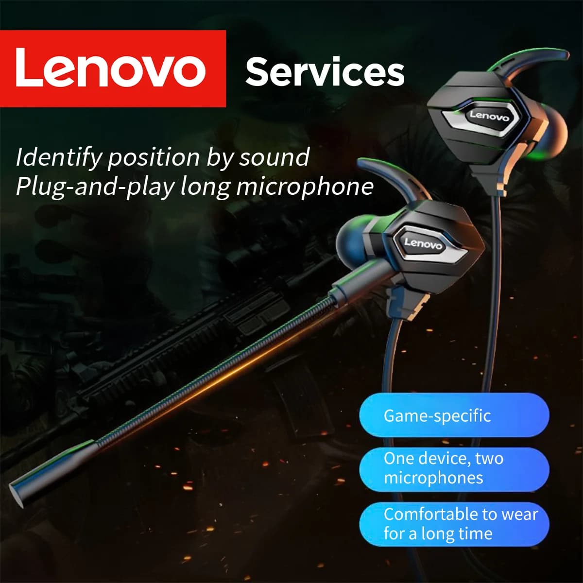 Cuffie da Gaming In-Ear Lenovo a Bassa Latenza con ANC, Doppio Microfono con Cancellazione del Rumore, Auricolari Type-C/3.5mm per Gamer Domestici e Tablet PC