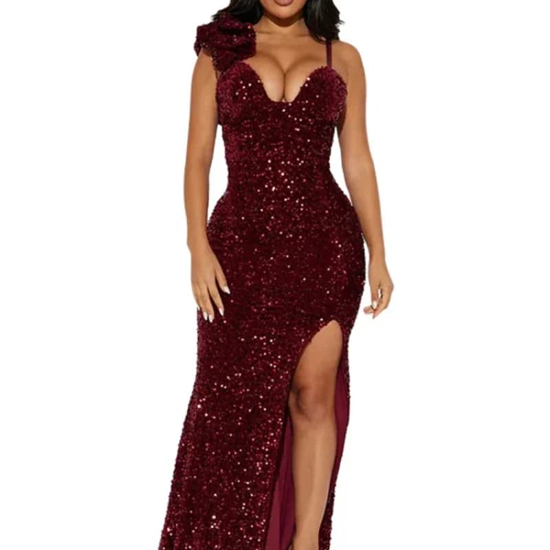 Nuovo sexy fessura gamba imbottita lungo cocktail vestito da ballo di lusso delle donne cinturino con paillettes festa di sera abito da sposa compleanno notte abiti