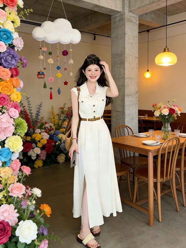 Casual Style Sleeveless Denim Dress Women's Summer New Design Slim Fit Long Split Skirt Polyester Fiber A-Line Dress