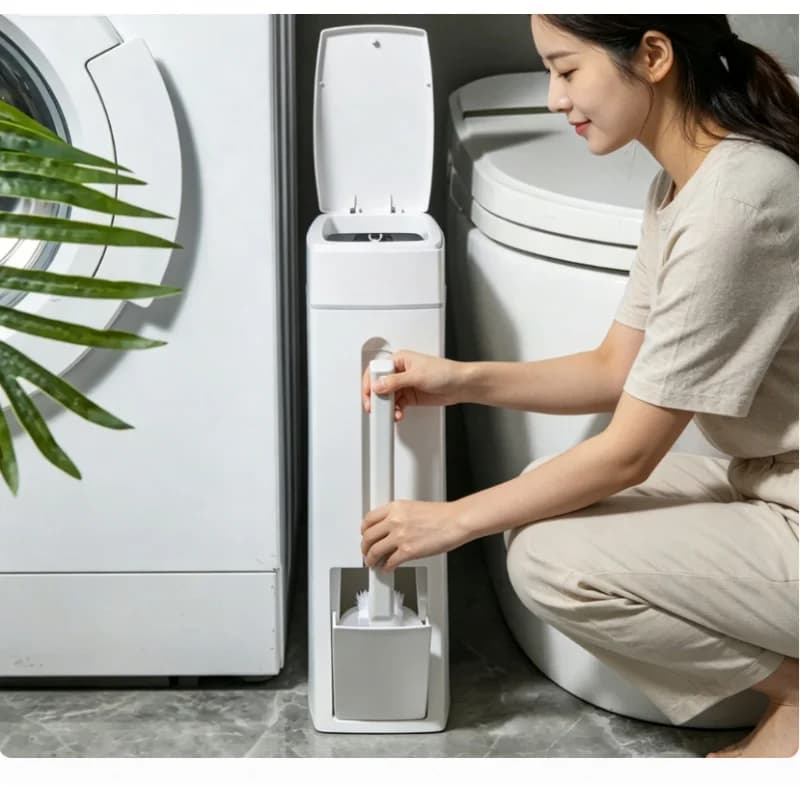 Cestino per rifiuti compatto e salvaspazio per bagno, con coperchio e spazzola per WC, tutto in uno, organizer per bagno domestico.