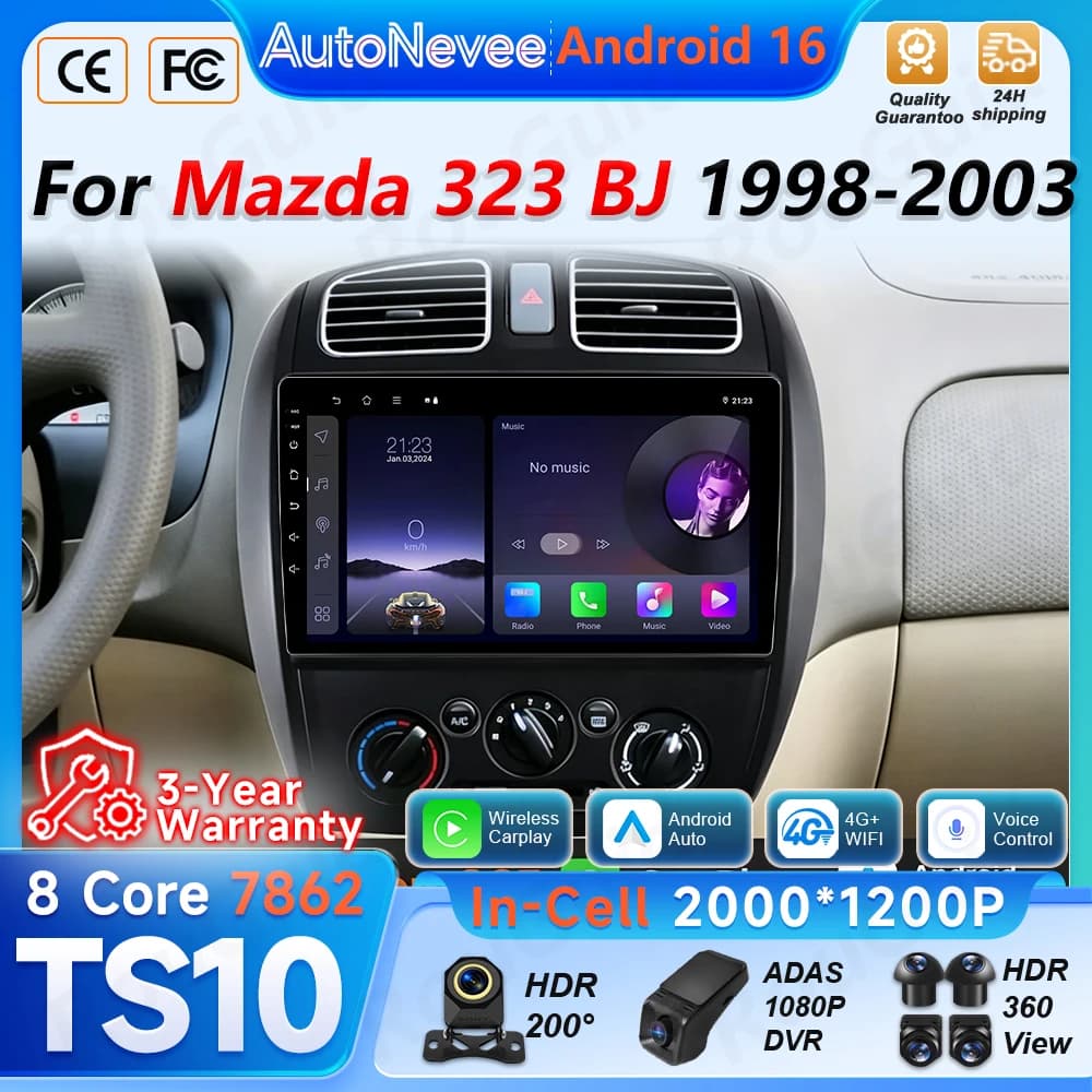 Android 14 For Mazda 323 BJ 2000 - 2003 Autoradio Video multimedia Monitor navigation Screen TV player GPS video for cars