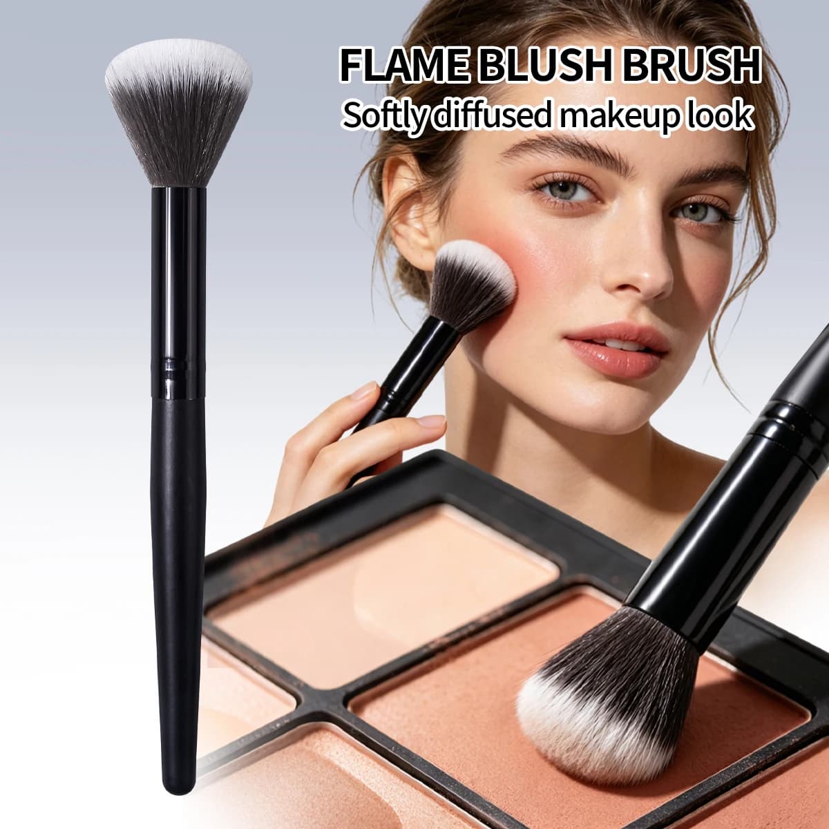 1 pennello per fard Flame, manico in legno nero con capelli sfumati, pennello multifunzionale per fard, bronzer ed illuminante a diffusione delicata