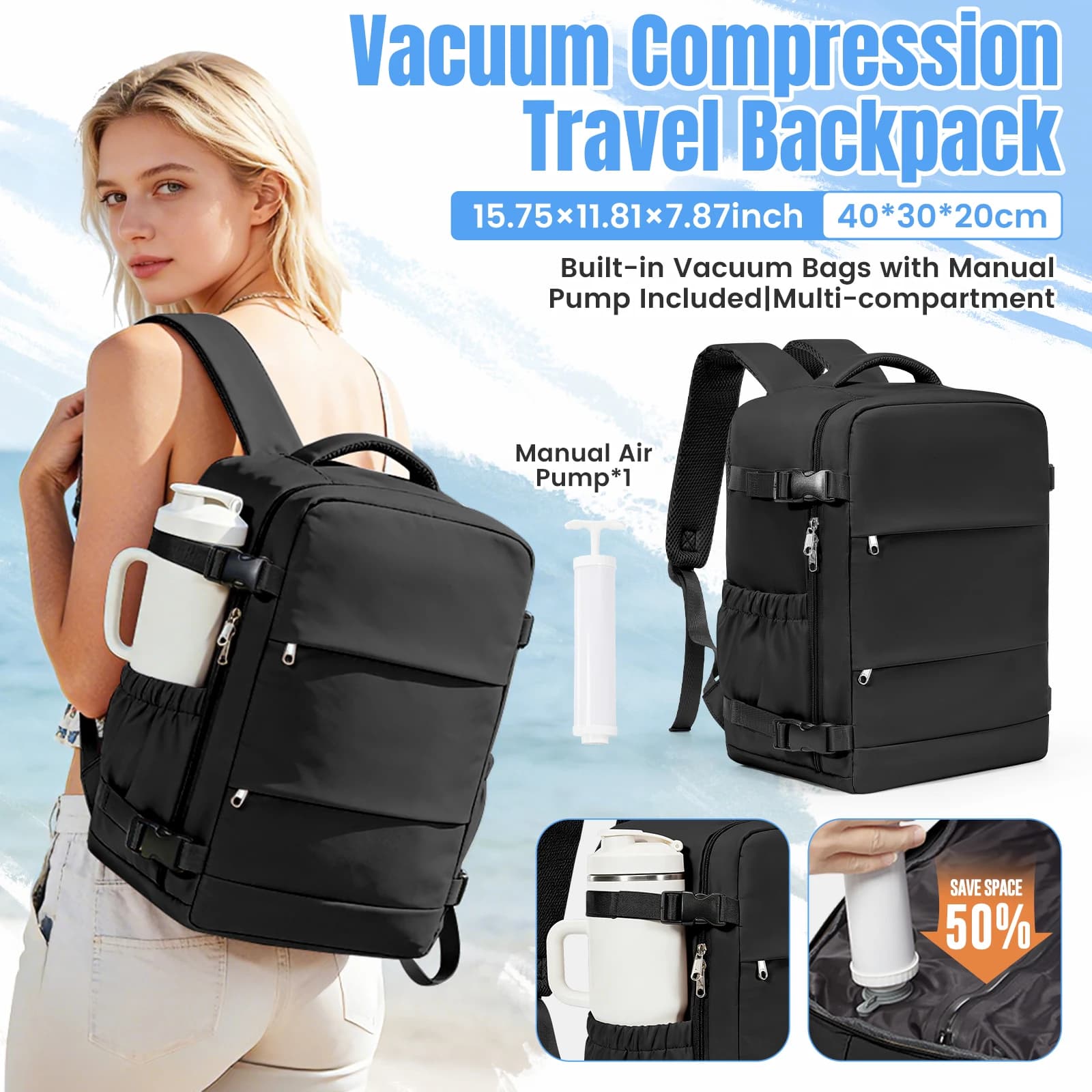 Borsa da Cabina Ryanair 40x20x25, Zaino da Viaggio con Compressione Sottovuoto per Uomo e Donna, Zaino per Laptop 15.6 Pollici, Borsa Sottovuoto per Conservazione Abiti