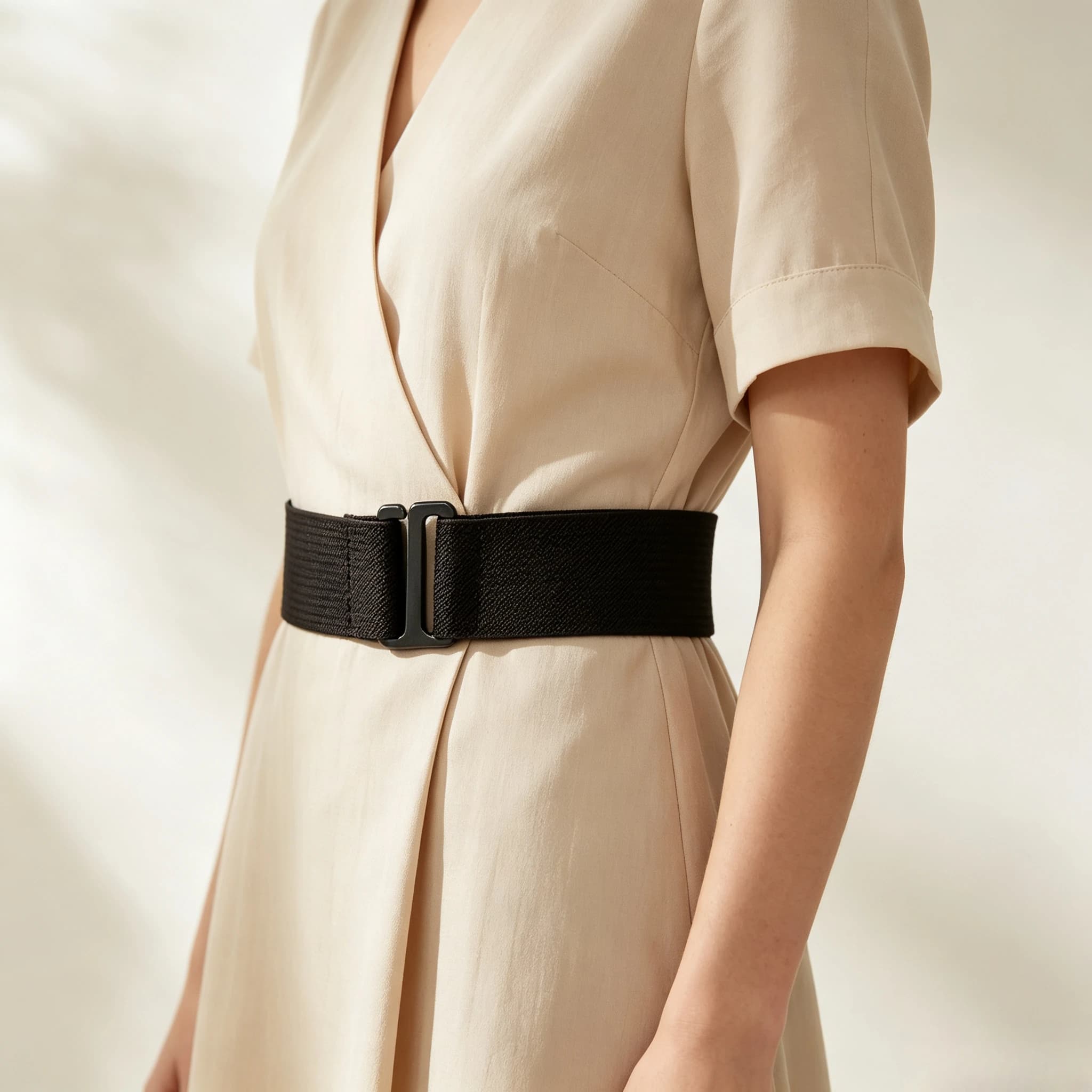 Black Elastic Wide Waist Belt Adjustable Metal Buckle Stretch Belt For Women Dress Outfit Accessories