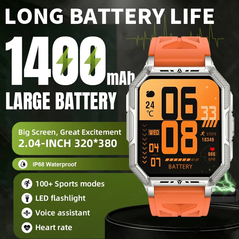 LIGE 2026 Military Outdoor Smart Watch 1400mAh Battery Flashlight Waterproof Fitness Clock Men 2.04 Inch Screen Call SmartBand