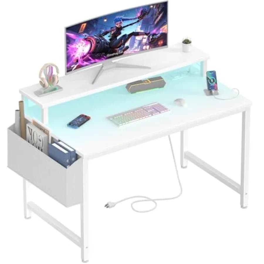 Piccola Scrivania con Luci LED e Prese di Corrente, 32 Pollici, Scrivania per Computer da Casa e Ufficio con Supporto per Monitor, Tavolo da Studio per Adolescenti