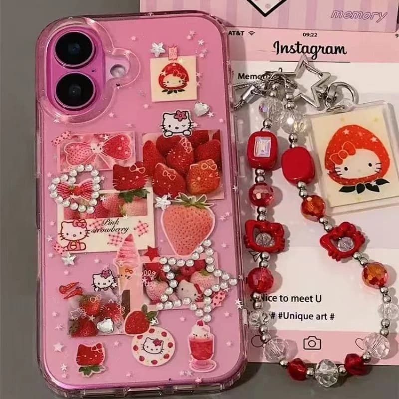 ins Coreano Carino Sanrio Hello Kitty Fragola Adesivo Bling Glitter Cassa Del Telefono Per iPhone 16 15 14 13 Pro Max Hard IMD Cover