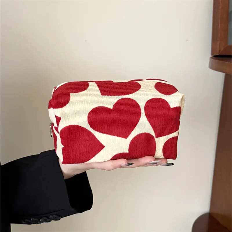 Nuove Borse per il Trucco in Velluto a Coste con Stampa a Cuore, Borsa da Viaggio Portatile per Donna, Stile Coreano, Borsa Casual per Cosmetici