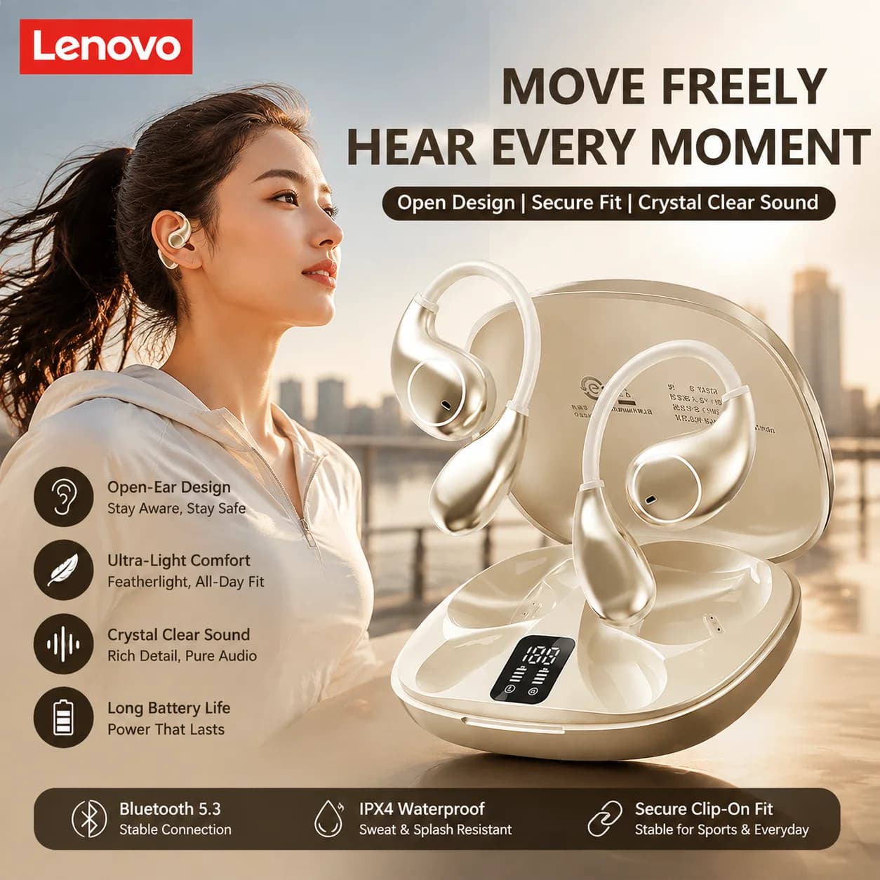 Lenovo TA320 Over-Ear Hook Wireless Earbuds Bluetooth 5.4 Touch Control Long Battery Life Built-in Call Microphone Sports Earbud