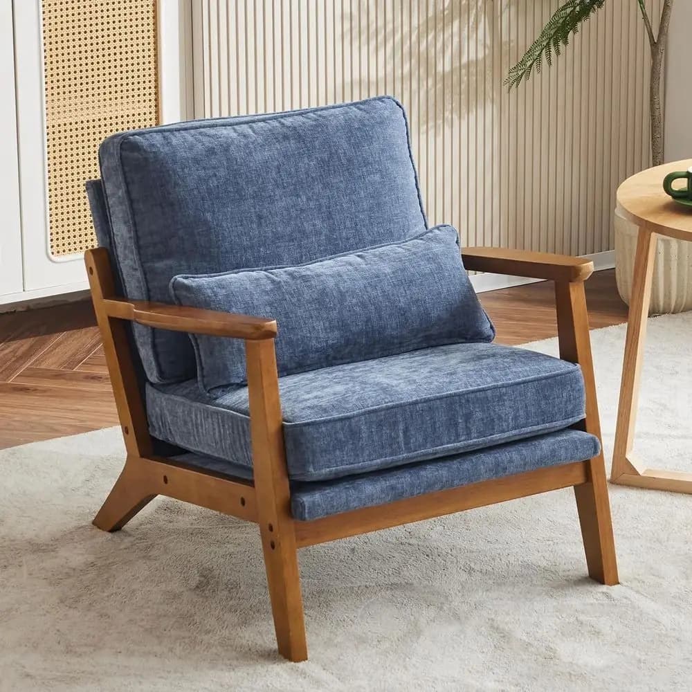 Poltrona Accent con Braccioli Larghi - Poltrona Century in Ciniglia con Cuscino Lombare e Base in Legno Massello per Soggiorno, Camera da Letto, Balcone