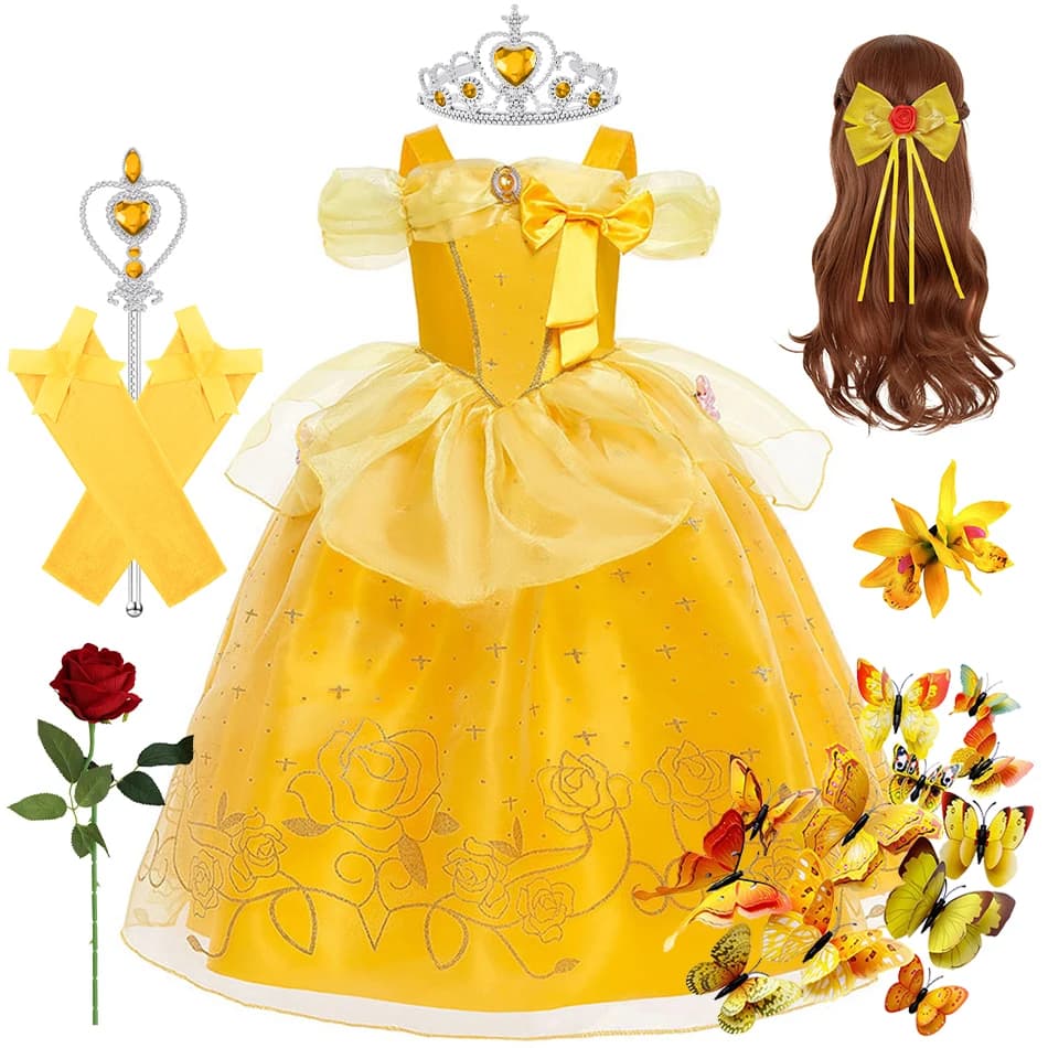 Costume cosplay da principessa per bambini Abito da ragazza Belle Vestido floreale Bestia di bellezza Abiti fantasy Carnevale Festa di Halloween Abito elegante