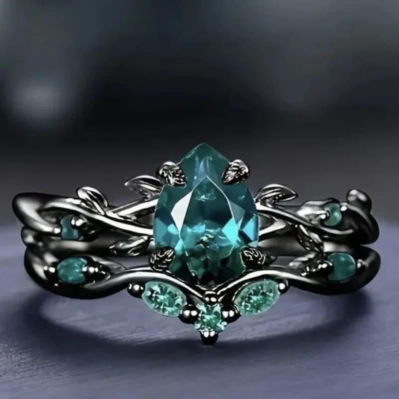 2Pcs/Set Fashion Black Gold Color Green Rhinestone Zircon Rings For Women Full Crystal Rings Wedding Engagement Jewelry Gifts